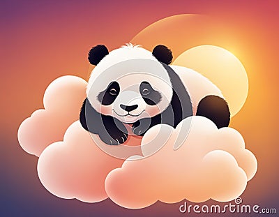 Cute smiling little panda on cloud in warm sunset Stock Photo