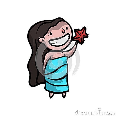 Cute smiling long hair brunette girl with starfish in hand Vector Illustration