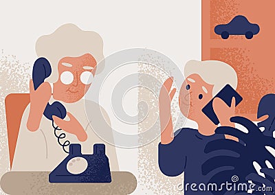 Cute smiling old lady talking on phone to little boy. Granny and grandson communicating through telephone. Conversation Vector Illustration