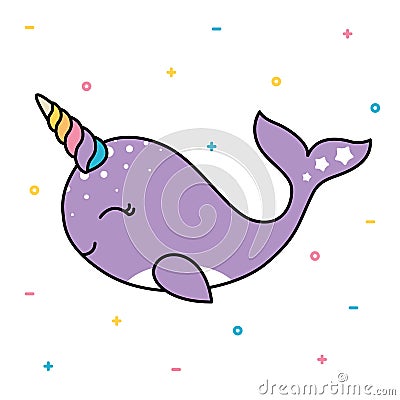 Cute smiling pastel whale with colorful unicorn horn on white background Vector Illustration