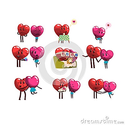Cute smiling red and pink hearts characters set, funny couples in love with different emotions. Happy Valentines Day Vector Illustration