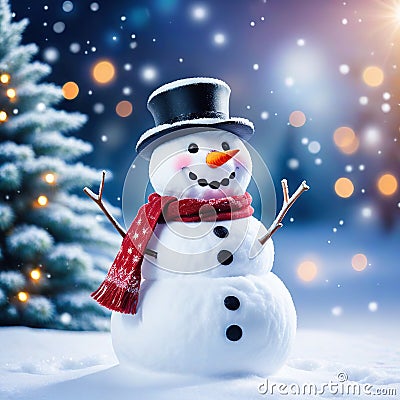 A cute smiling snowman stands against the backdrop of a festive winter A template Cartoon Illustration