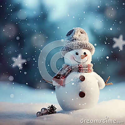 Cute smiling snowman with striped hat and scarf. Winter fairytale. Stock Photo