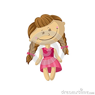 Cute smiling soft doll in a pink dress with braids, sewing toy cartoon vector Illustration Vector Illustration