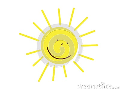 Cute Smiling sun. Yellow children`s sun with rays. Vector Illustration