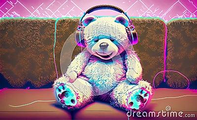 Cute smiling teddy bear sitting on couch and listening to music Cartoon Illustration