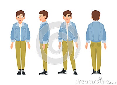 Cute smiling teenage boy, teen or teenager dressed in green jeans and denim jacket. Flat cartoon character isolated on Vector Illustration