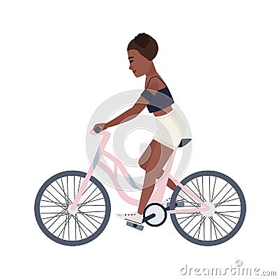 Cute smiling teenage girl dressed in shorts and top riding bicycle. Young woman or female cyclist pedaling pink bike Vector Illustration