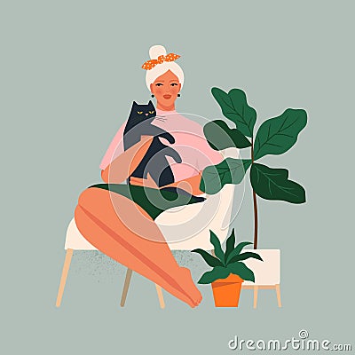 Cute smiling young girl sitting on comfy sofa with cat. Adorable woman spending time at home with her domestic animal Vector Illustration