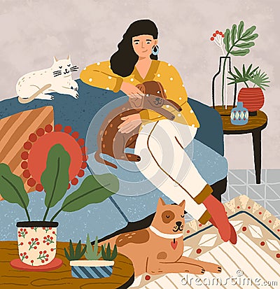 Cute smiling young girl sitting on comfy sofa with dogs and cat. Adorable woman spending time at home with her domestic Vector Illustration