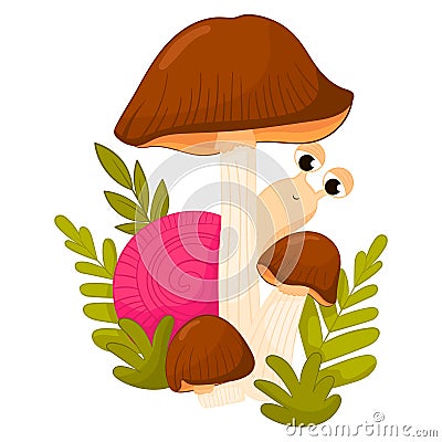 Cute snail on brown mushrooms in forest Vector Illustration