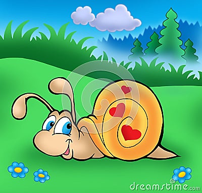 Cute snail in grass Cartoon Illustration