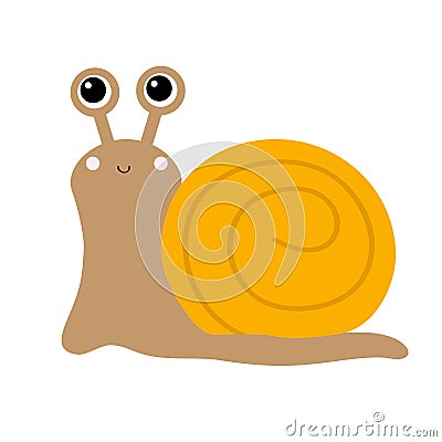 Cute snail icon. Cartoon kawaii funny kids baby character. Insect isolated. Orange shell house. Big eyes. Smiling face. Flat Vector Illustration