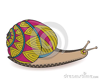 Cute snail. Wild life Cochlea Zen tangle. Doodle shell pink and yellow. Vector Illustration