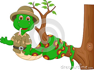 Cute snake cartoon twisted on tree with smile and waving Stock Photo