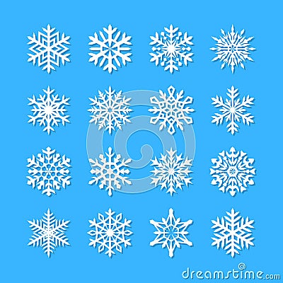 Cute snowflake collection isolated on blue background. Flat snow icons, snow flakes silhouette. Nice snowflakes for christmas Vector Illustration