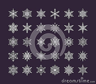 Cute snowflakes collection isolated on dark background. Flat snow icons, snow flakes silhouette. Nice element for Vector Illustration