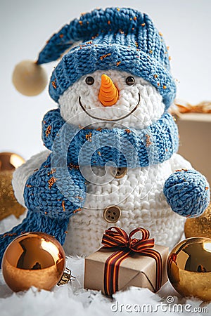 Cute snowman in blue, knitted hat and scarf, with Christmas ornaments, gold baubles and gift box, surrounded by snow Stock Photo