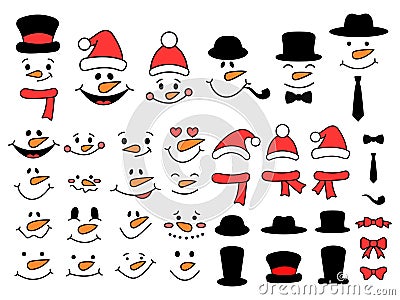 Cute snowman faces and accessories - vector collection. Snowman constructor - bundle. Snowman heads. Vector illustration isolated Vector Illustration