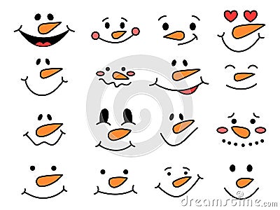 Cute snowman faces - vector collection. Funny snowman emotions. Snowman heads. Vector illustration isolated Vector Illustration