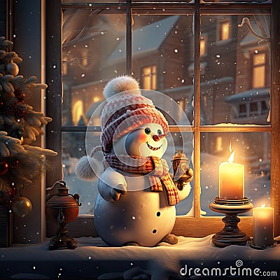 Cute snowman holding a candle near the window Stock Photo