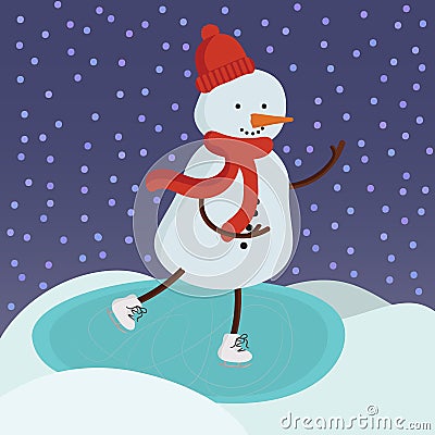 Cute snowman ice skating. Vector background Vector Illustration