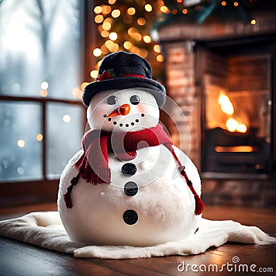 Cute snowman keeping warm indoors - ai generated image Stock Photo