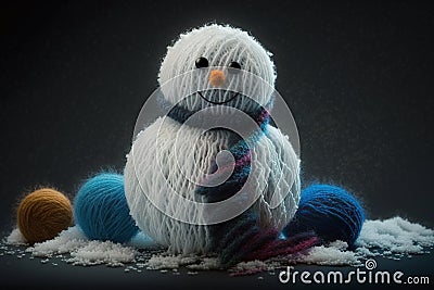Cute Snowman Made of Colorful Yarn with Scarf (Generative AI) Stock Photo