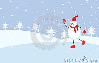 Cute snowman skating on frozen lake Vector Illustration