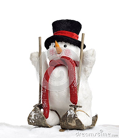 Cute snowman on skis Stock Photo