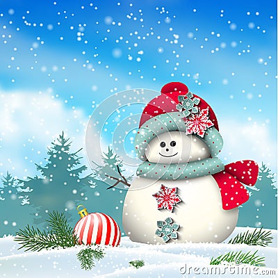 Cute snowman in snowy winter landscape Vector Illustration