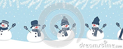 Cute snowmen have fun in winter holidays. Seamless border. Christmas background on blue. Snowmen in blue winter clothes Vector Illustration