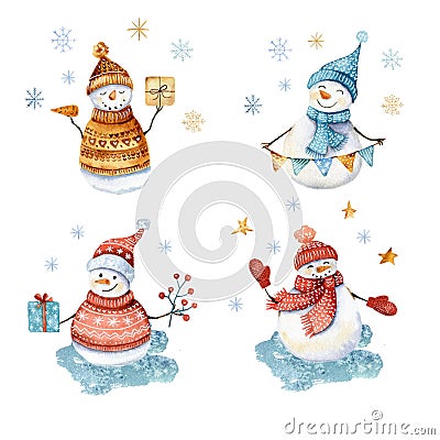 Cute snowmen in knitting hats hand drawn watercolor christmas character set Stock Photo