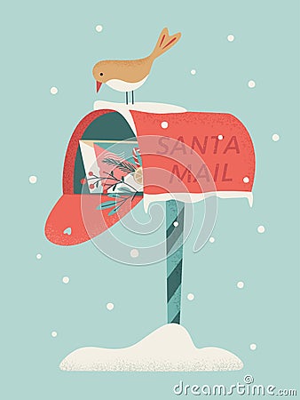 Cute snowy Mailbox with letters for Santa Claus. Traditional decorative Christmas red box with bird on the top. Symbol of kids Vector Illustration