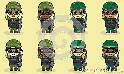Vector illustration of Cute Soldier cartoon Salute pose and holding gun Vector Illustration