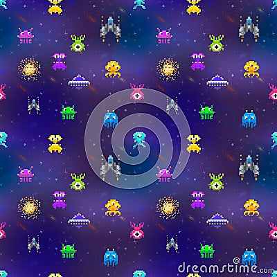 Cute space invaders in pixel art style on deep space background, seamless pattern Vector Illustration