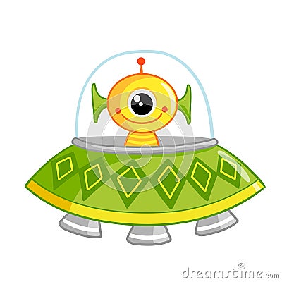 Cute space monster sitting in a flying saucer. The newcomer on a white background in a spaceship Cartoon Illustration