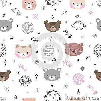 Cute space seamless pattern with cartoon bears. Abstract print. Hand drawn nursery background with funny animals for children Vector Illustration