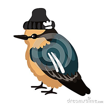 A cute sparrow in a sports uniform. Funny cartoon illustration of a small bird. Urban bird on the sport, hat, sports Vector Illustration