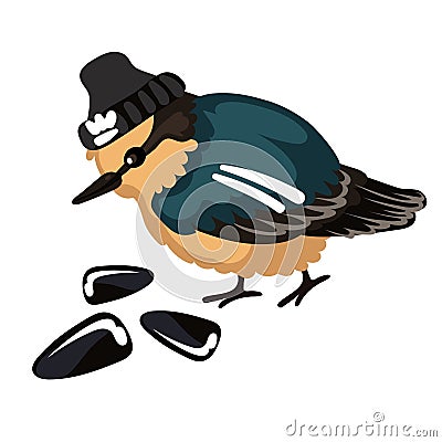 A cute sparrow in a sports uniform with seeds. Funny cartoon illustration of a small bird. Urban bird on the sport, hat Vector Illustration