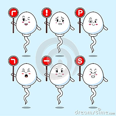 Cute sperm cartoon character holding traffic sign Vector Illustration