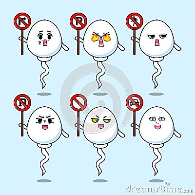 Cute sperm cartoon character holding traffic sign Vector Illustration