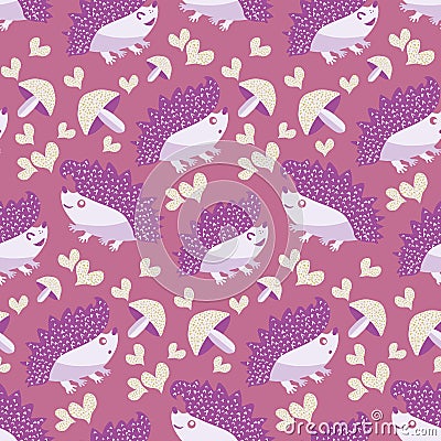 Cute spiky, prickly, hedgehog,heart, mushroom seamless pattern pink background. Cartoon kawaii hedgehogs, doodle hearts Vector Illustration