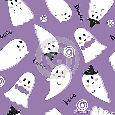 cute spooky ghost pattern on purple background Vector Illustration