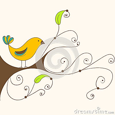 Cute spring bird on a branch Vector Illustration