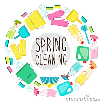 Cute spring cleaning utensils background in vivid eye catching colors Vector Illustration