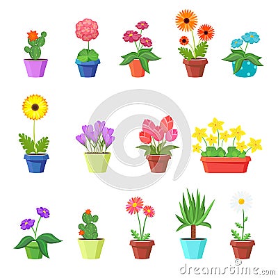 Cute spring flowers in pots vector Vector Illustration