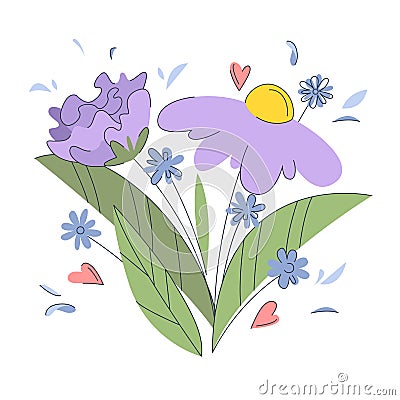 Cute spring flowers with small daisies with leaves in pastel colors. Spring purple and blue flowers in white background Vector Illustration