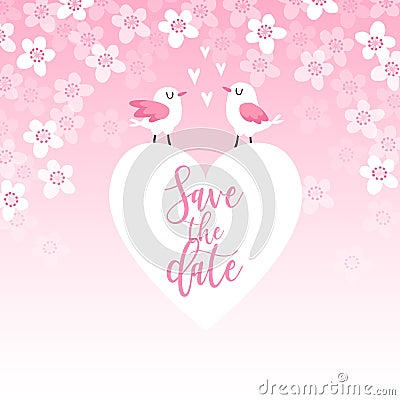 Cute spring greeting card, wedding invitation with couple of birds, heart and cherry tree blossoms. Love concept. Pink Vector Illustration