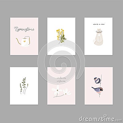 Cute spring postcards with hand drawn springtime elements Vector Illustration